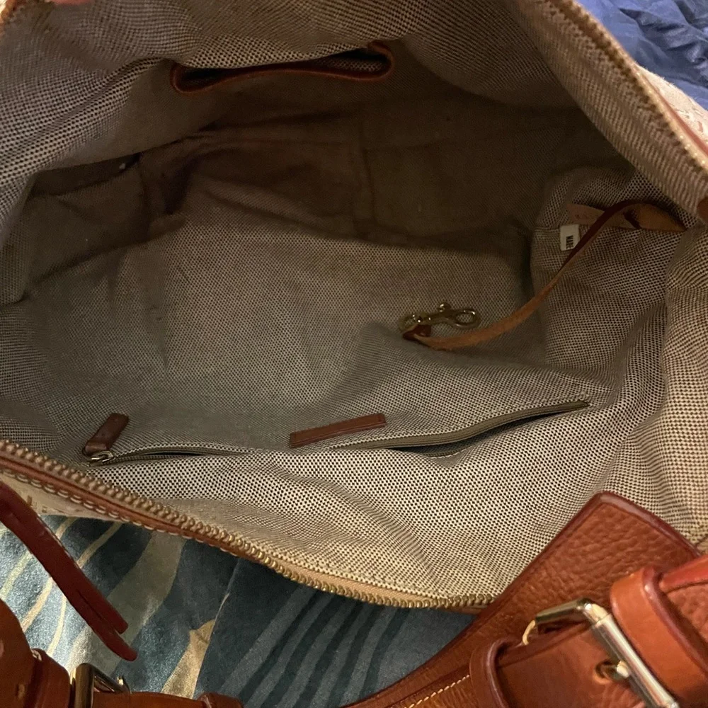 Dooney and Bourke Luisa Monogram Canvas and Leather Trim Hobo Bag in Tan